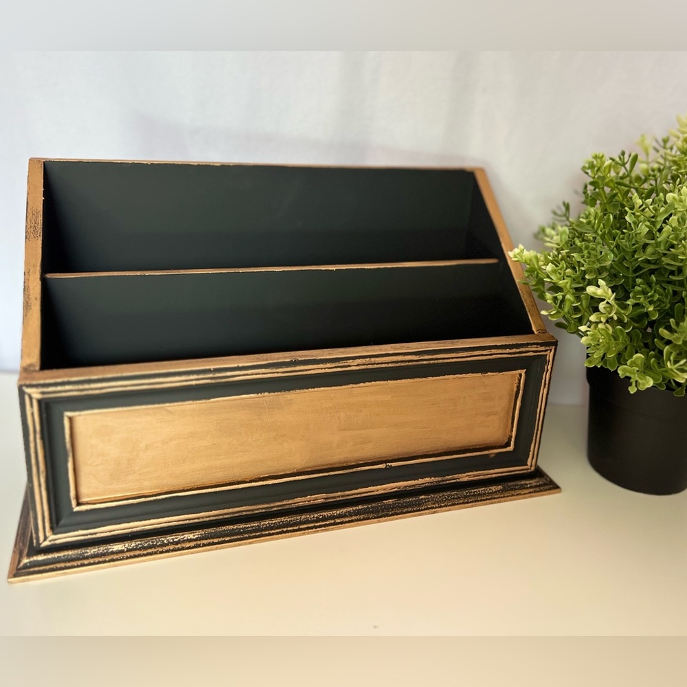 Hand Painted Metallic Gold Black Wood Letter Paper Holder Paper Office Unique